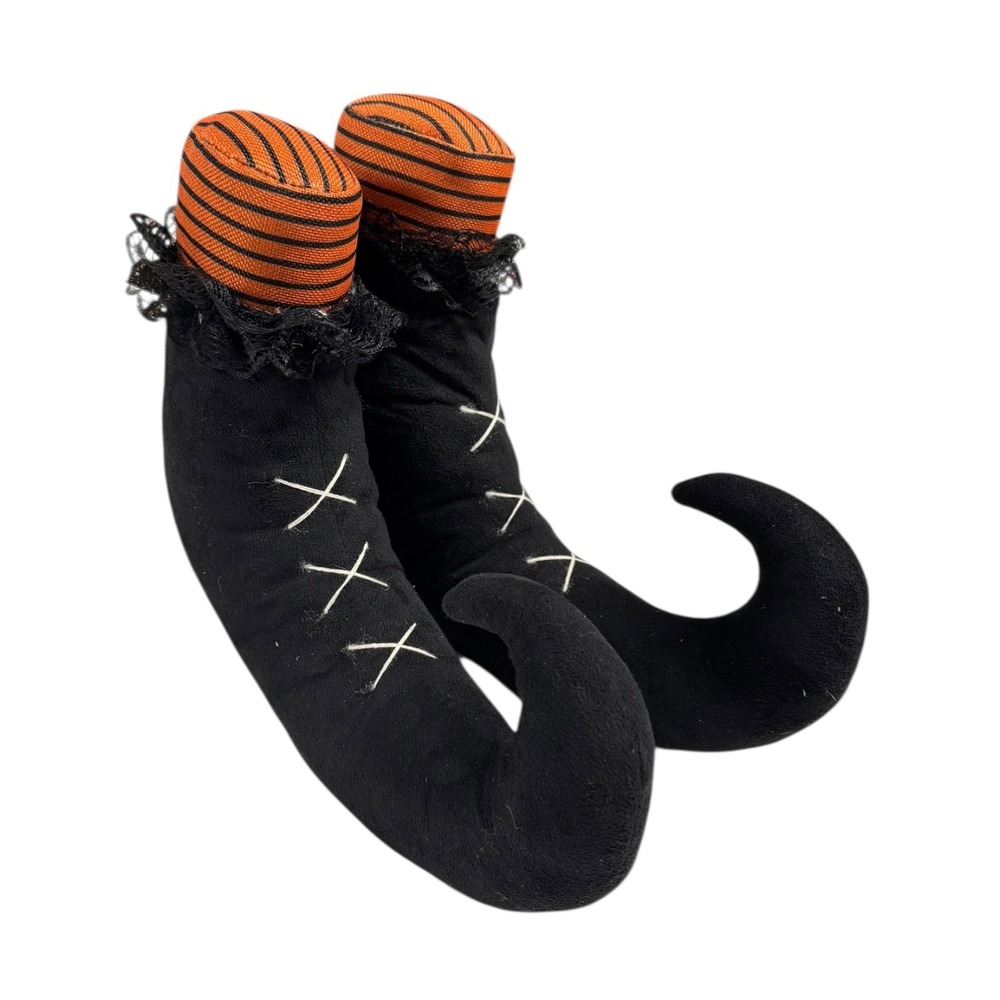 Halloween Witch Legs Decoration Orange Black Striped Lace Accent Door Stop